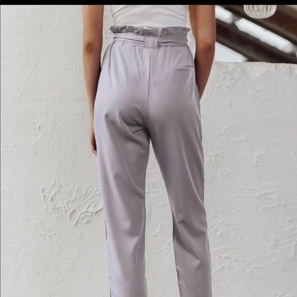 🆕High waisted ruffle gray tie belt waist pants - Picture 3 of 5